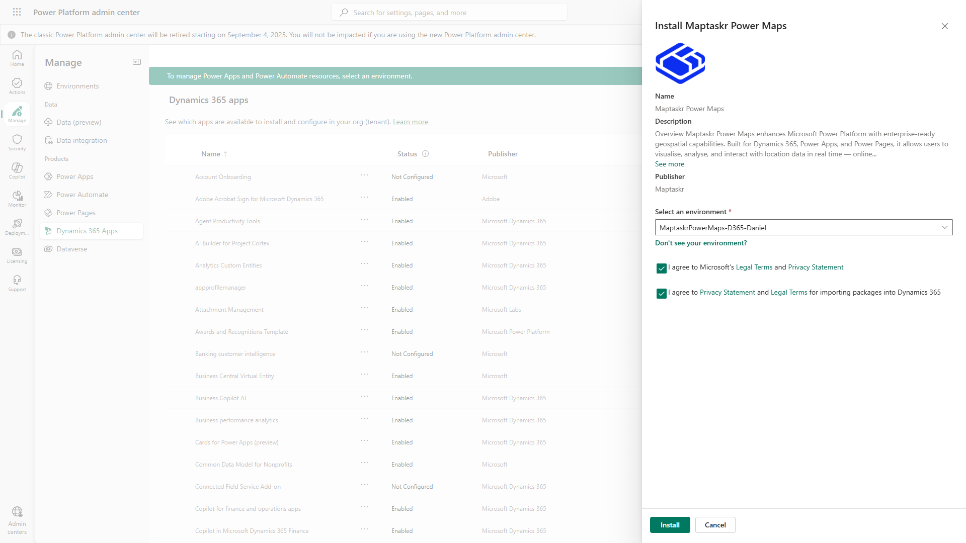 AppSource Install Environment Select