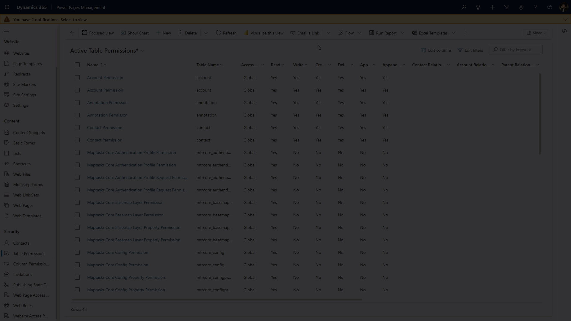 Power Pages Import Table Permissions for Standard Data Model